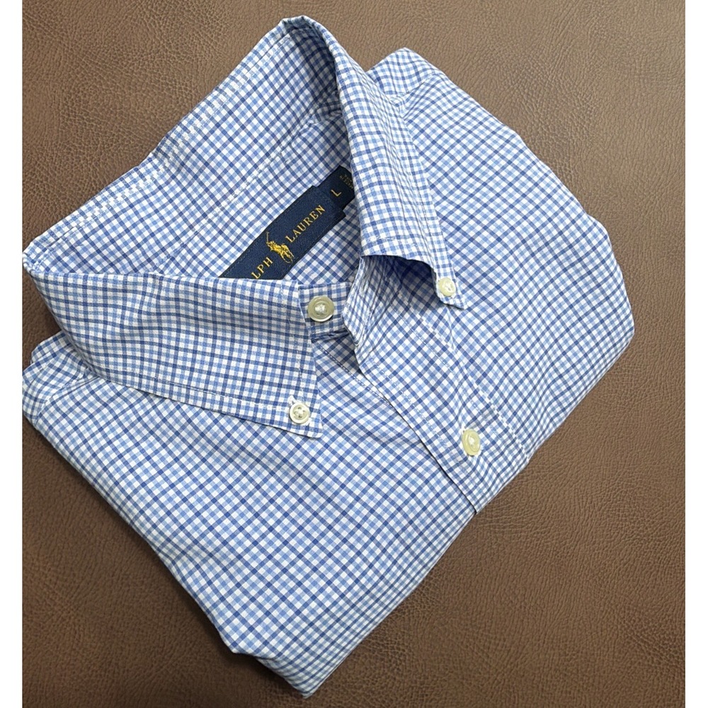 Polo Ralph Lauren Oxford Shirt Men's Large Long Sleeve Button Blue Check Modern